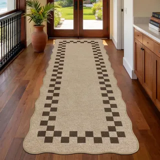GEANUP Teppich Läufer Flur 80X200cm, Modern Waschbarer rutschfest Jute Küchenteppich Lang, Braun Kariert Jute Flur Teppich Teppichläufer für Eingang Küche Korridor Schlafzimmer Wohnzimmer Balkon