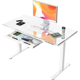 JUMMICO Glas Höhenverstellbarer Schreibtisch, Elektrischer Schreibtisch mit Schublade, 120x60 cm Steh-Sitz-Schreibtisch, Standing Desk für Homeoffice, Weiß
