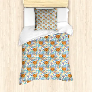 ABAKUHAUS Karikatur Bettbezug Set für Einzelbetten, Tiger und belaubte Zweige, Milbensicher Allergiker geeignet mit Kissenbezug, 135 cm x 200 cm - 80 x 80 cm, Dark Orange Multicolor