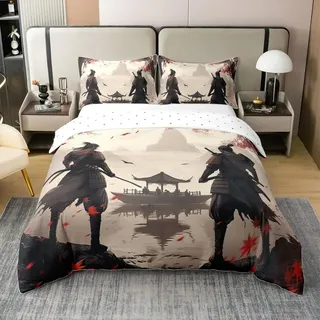 Loussiesd 100% Baumwolle Samurai Japanische Bettwäsche Set 155x220cm Landschaft Bettbezug mit Reißverschluss Für Kinder Frauen Männer Ultra Pavilion Betten Fallen Leaves Bettwäsche-Set Vogel Betten