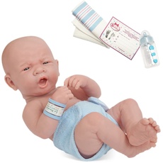 JC Toys 18504 18502 La Newborn Babypuppe First Tear Puppe in Windel mit Flasche und Decke. Geschlossene Augen Echter Junge, blau, 35,56 cm