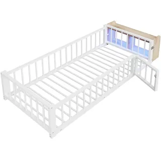 Oxeza Metallbett 90/200 cm Weiß mit Ablagefächern und LED-Streifenleuchten , Metall , Mode , Rechteckig , 90x200 cm , Schlafzimmer, Betten, Metallbetten