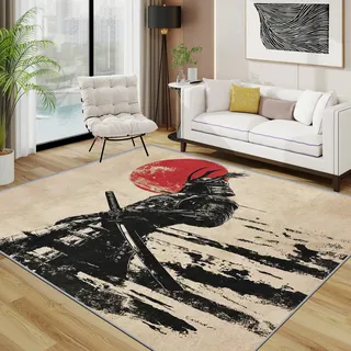 Generisch Japanisch Teppich Schlafzimmer, Japan Samurai Traditioneller Teppich 120x170 cm, Rote Sonne Krieger Waschbar Kurzflor Antirutsch Teppiche Für Wohnzimmer Schlafzimmer, Schwarz Rot Beige