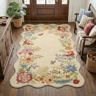 Beauoop Teppich Wohnzimmer 120X170 cm Beige Waschbar Blumen Wellenrand | Vintage Kurzflor Weich Rutschfest Carpet Schlafzimmer Kinderzimmer Eingangsbereich Landhausstil Rug for Living Room Bedroom