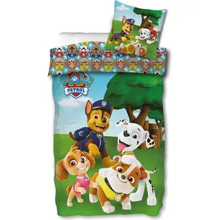 Nickelodeon Kinder Wendebettwäsche Paw Patrol Chase Marshall Rubble Skye Hunde Pfoten Wiese Bäume Bettdecke 140 x 200 + Kopfkissen 70 x 90 cm 100% Baumwolle - Bunt