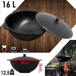 Gusseisen Camping-Kessel Kazan 16 L NAMANGAN mit Deckel, WOK, Schöpflöffel, BBQ Outdoor Kochen - Schwarz