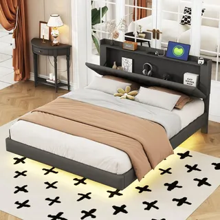 Ball & Cast Polsterbett 160x200 cm Schwebebett mit Beleuchtung, Kopfteil und Ladestation(2 AC-Steckdosen, 2 USB-Anschlüsse), Bett 160x200 mit Stauraum, Modern Doppelbett mit lattenrost, Grau