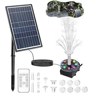 LED Solar Springbrunnen mit 7W Solar Panel Eingebaute 5000 mAh Batterie Solar Teichpumpe Solarbrunnen Fontäne Pumpe mit 10 Fontänenstile für Teich, Garten,DIY-Wasserspiele,Vogel Bad