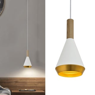 ouglres Pendelleuchte Metall Weiß Gold,Einflammig Vintage Holz Hängelampe Höhenverstellbar,Kücheninsel Hängeleuchte Industrial E27 Für Esstisch Schlafzimmer Flur Wohnzimmer Bar Restaurant Cafe