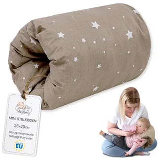 Stillkissen klein Breastfeeding und Nursing Pillow für unterwegs 20 cm - Stillmuff Armkissen und Lagerungskissen Baby Arm Still Kissen aus weicher Baumwolle Oeko-Tex Beige mit Weiß Sternen