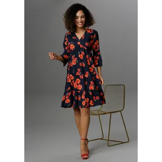 Tunikakleid ANISTON CASUAL, Damen, Gr. 48, N-Gr, schwarz (marine, rot, koralle, olivgrün), Web, Obermaterial: 100% Viskose, bedruckt, geblümt, lässig geschnitten kniefrei, V-Ausschnitt, Volant, Kleider Tunikakleid, mit Klatschmohn-Blumen bedruckt, Topseller