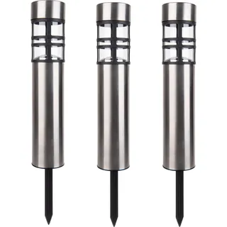 Näve Leuchten 3er-Set Solar- /Dekoerdspieß "BOBBY" 3er-Set Solar- /Dekoerdspieß "BOBBY" 3er-Set Solar- /Dekoerdspieß "BOBBY", Lampe für den Außenbereich im Modern-Style, aus Metall und Kunststoff in stahl-blank, 42 cm hoch, Ø 6,2 cm, LED Platine – mit Schiebeschalter – Dämmerungssensor