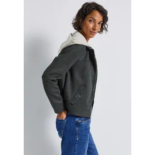 Blouson STREET ONE, Damen, Gr. 42, grün (evernight grün), Web, Obermaterial: 94% Polyester, 6% Elasthan. Futter: 100% Polyester, unifarben, normal hüftbedeckend, Rundhals, Jacken Blouson, Kurze Jacke mit Stehkragen und abnehmbarer Kapuze