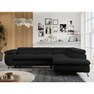 MKS Meble Ecksofa Sofa Schwarz, Wohnlandschaft L-Form mit Schlaffunktion und Bettkasten, Schlafsofa mit Bettkasten, Sofa mit Einstellbare Kopfstützen, Peter L - Schwarz Boucle - Rechts Schwarz - Schwarz