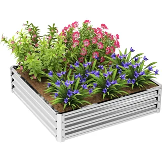 Outsunny Hochbeet, Blumenkasten, Gemüsebeet, Pflanzkasten, Kräuterbeet für Garten, Terrasse, Balkon, Stahl, Silber, 120 x 120 x 30 cm
