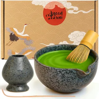 Goodwei Matcha Latte Set aus Keramik – Matchaschale mit Ausgießer, Matchabesen, Besenhalter & Bambuslöffel – Japanisches Tee Set für cremigen Matcha Latte & traditionellen Teegenuss (Shado)