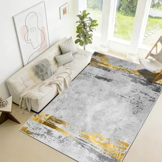 WQMMD Waschbarer Teppich Wohnzimmer Grau Gold 80x160cm, Moderner Kurzflor Teppich Abstrakt & rutschfest, Weicher Kunst-Kaschmir Läufer für Schlafzimmer, Küche, Büro & Esszimmer, 5mm Ultra-Flach