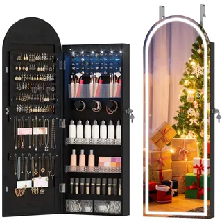 LVSOMT Gewölbter Schmuckschrank Hängend, 6 LEDs Schmuckschrank mit Spiegel | Hängend Schmuck Schrank Abschließbarer, Bogen Schmuckaufbewahrung, Wandschrank, an der Tür hängend Spiegelschrank für Damen