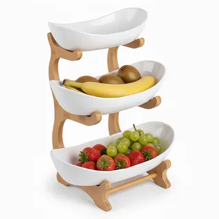 Relaxdays Obst Etagere Bambus, 3 Etagen, HBT: 34x25x10 cm, Schalenetagere, Obst & Gemüse, Obstschale Küche, Natur/weiß