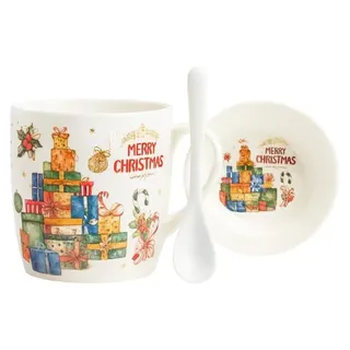 eCa KB17WZ2 Weihnachts-Geschenkset – Keramikbecher, Löffel, Untertasse, 400 ml - Rot