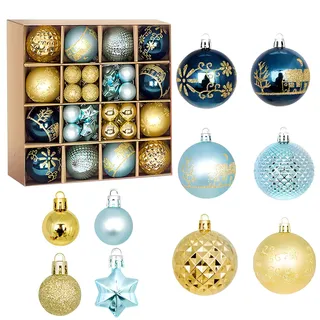 Weihnachtskugeln Gold blau,44pcs weihnachtsbaumschmuck,Haken für weihnachtskugeln Set,weihnachtskugeln Kunststoff für weihnachtsbaumschmuck,weihnachtsdeko Outdoor