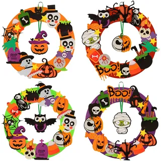 Benjia 4 Stück Halloween-Kranz-Bastelsets für Kinder, DIY Filzkranz-Ornamente mit Verband-Zombie, Eule, Zylinder-Kürbis, Horror-Kürbis für Party-Aktivitäten