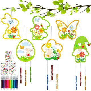 18x Osterdeko Windspiel Bastelset Ostergeschenke Kinder, Holz Ostern Basteln Kinder, Osterhase Ostereier Blumen Schmetterlinge Wichtel, Bastelhandwerk zum Bemalen für Osterndeko Mädchen Junge