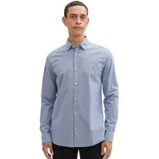 Langarmhemd TOM TAILOR, Herren, Gr. M, N-Gr, blau (blau weiß fine check), Web, Obermaterial: 98% Baumwolle, 2% Elasthan, kariert, unifarben, gerade hüftbedeckend, Rundhals, 2-Knopf-Manschette, Hemden Langarmhemd, mit Knopfleiste und Stretchanteil