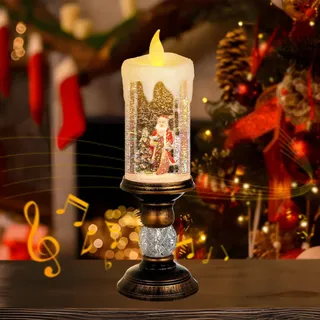 Weihnachtliche Schneekugeln, Laterne Kerzenförmige Schneelaterne Glitzernde Beleuchtete mit Musik und Schneegestöber, Weihnachtsmann-Szene LED Wassergefüllte Glitzerlaterne USB oder batteriebetriebene