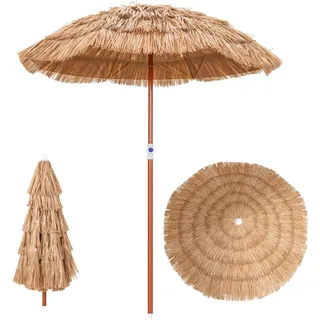 COSTWAY Sonnenschirm Hawaii, Strandschirm PP-Stroh neigbar, Gartenschirm Marktschirm höhenverstellbar, UV-Schutz, pp-Strohschirm mit Tragetasche - Naturbelassen