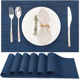 Myir JUN Tischsets Abwaschbar 6er Set, Gewebte Platzdeckchen rutschfest Abgrifffeste Hitzebeständig, Vinyl Platzsets Abwaschbar für küche Speisetisch Hotel, Platz-Matten 30x43.5cm (Blau 2)