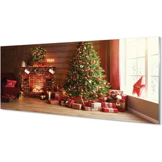 Glasbilder 125x50 Wandkunst Kamin Geschenke Weihnachtsbaumbeleuchtungen - Rot