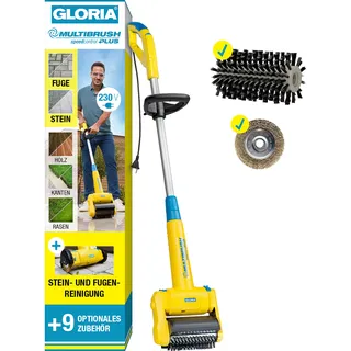 GLORIA MultiBrush speedcontrol PLUS I Elektrische Reinigungsbürste für Stein, Fugen, Holz, Kanten & Rasen | Für Terrasse, Wege & Garten | 11-in-1 Oberflächenbürste | Inkl. Fugenbürste & Steinreiniger