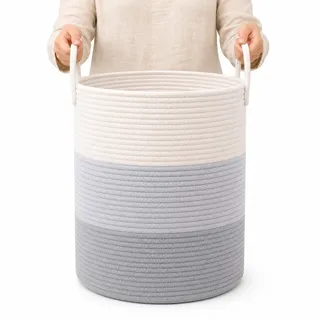 OrganiHaus Korb Geflochten Rund, Wäschekorb Geflochten, Korb Aufbewahrung Groß, Aufbewahrungskorb Kinderzimmer, Aufbewahrungskorb für Decken Kissen Spielzeug, Faltbar mit Griff - 38x45cm, Grau