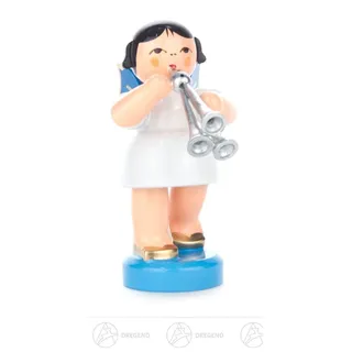 Engel mit Schalmei stehend, blaue Flügel h=ca 5,5 cm Erzgebirge Weihnachtsfigur