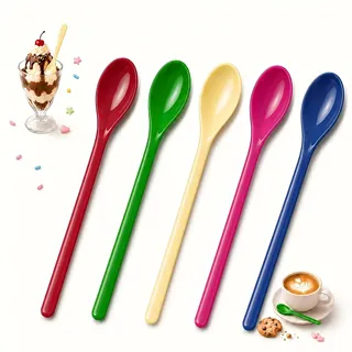 5 Stück Plastik Lange Löffel, Kaffeerührlöffe, Müsli Löffel, 2.8 x 18cm, Plastiklöffel Groß für Joghurt, Marmeladen, Longdrink, Dessert, Kaffee, Spülmaschinenfest (Mehrfarbig)