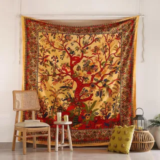 Popular Handicrafts Tapisserie Queen Tree Of Life Hippie Tie Dye Psychedelic Wandbehang – Indische Maditation Bohemian Hippie Wohnheim Raumdekor Orange 200 x 224 cm