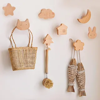 Mulaibdin 8 Stück Kleiderhaken Kinder Ohne Bohren, Garderobenhaken Kinder, Wandhaken Holz Selbstklebend, Dekorative Garderobenhaken für Kinderzimmer,Mantel, Mütze,Tasche,schlüsselanhänger
