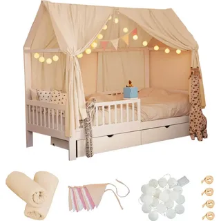 HOME DELUXE - Kinderbett Deko Set VELINDO - Farbe: Creme, inkl. Wimpelkette, Vorhang und LED Lichterkette I Kinderbett Deko, Kinderzimmer Dekoration - Beige