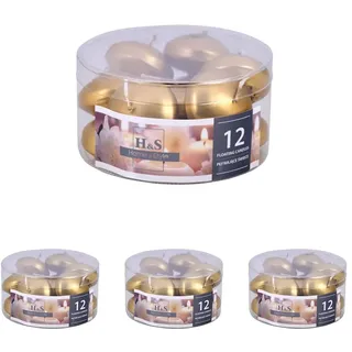 DONAU HOME Set Schwimmkerzen/Gold / 12 Stück / 2,8 x Ø 4,8 cm / 4 Stunden Brenndauer/Schwimmkerze Wachs Sans parfum/Schwimmende Warme Teelichter Kerzen/für Abendessen, Hochzeit, Pool (Packung mit 4)