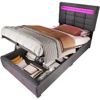 Flieks Polsterbett 90x200cm Grau Leinen APP-Fernbedienung LED Hydraulik Usb , Holz , 90x200 cm , Schlafzimmer, Betten, Polsterbetten