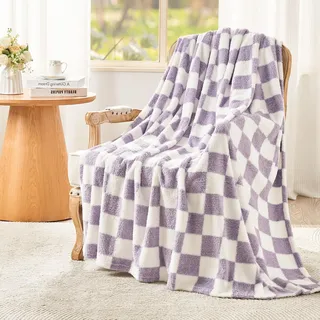 EMME Karierte Sherpa Fleecedecke 130x150 Warm Flauschig Lila Tagesdecke | Schachbrettmuster: Kuscheliger Überwurf Für Sofa Couch Bett, Weich Wie Wolle, Gemütlich Ganzjährig Erwachsene