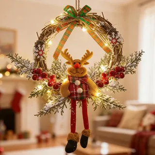 Türkranz Weihnachten, 35cm LED Weihnachten Deko Türkranz, Weihnachtskranz Haustür mit LED Licht, Weihnachtskranzz Elch Rattan Kranz, Weihnachtsdeko zum Aufhängen für Haustür, Wand, Fenster, Kamin