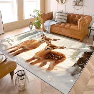 Teppich Mit REH - Teppich Wohnzimmer Schlafzimmer Kinder Waldtiere, Großer Teppich Babyzimmer REH, Weich Kurzflor & Waschbar & rutschfest Wohnzimmerteppich, Kinderteppich, Bettvorleger 120x170 cm