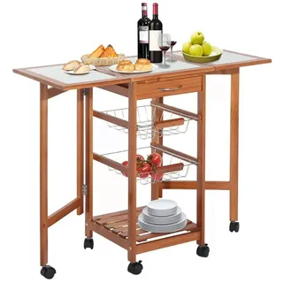 BAKAJI Ausziehbarer Küchenwagen mit gefliesten Ablageflächen, zusammenklappbar, platzsparend, aus Kiefernholz, mit 3 Obstkörben aus Stahl, Schublade, Besteckhalter und 6 drehbaren Rollen