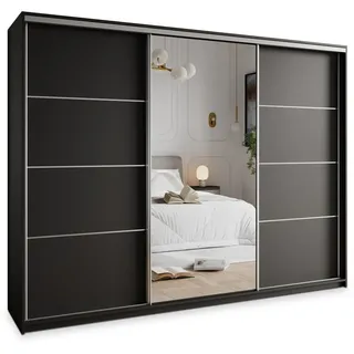Masseno Schwebetürenschrank Varo 250/205/60 cm 3-türig mit Spiegel und Schubladen Schwarz , Schwarz, Nickelfarben , Holzwerkstoff , 9 Fächer , 4 Schubladen , Rechteckig , 250x205x60 cm , Schlafzimmer, Kleiderschränke, Schwebetürenschränke