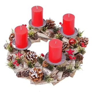 MCW Adventskranz Holz MIT Kerzen ROT Grau, Multicolor, Rot , Holz , 12 cm , Dekoration, Weihnachtsdekoration, Adventskränze