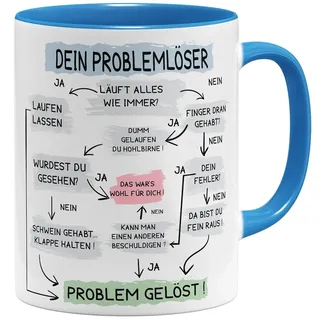 OM3® lustige Kaffee-Tasse mit Spruch - Problemlösung auf der Arbeit - Problemlöser - Keramik Becher - 11oz 325ml - Beidseitig Bedruckt - Hellblau