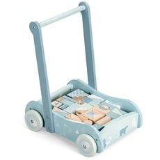Navaris Lauflernwagen aus Holz mit 46 Bauklötzen - Lauflernhilfe für Babys - Laufwagen für Mädchen und Jungen - Baby Gehhilfe Lernlaufwagen - Blau
