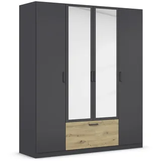 Rauch Möbel BARI Drehtürenschrank 4-türig, Kleiderschrank Grau-Metallic/Eiche Artisan, 1 Schublade, mit Spiegel, 181x210x54cm